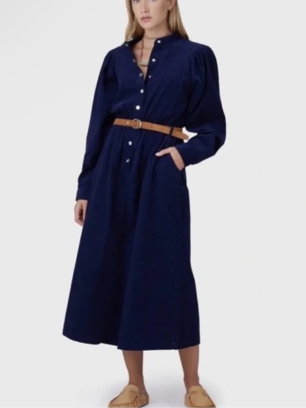 Xirena Audrey navy blue corduroy snap button western dress